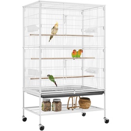 Yaheetech Vogelkäfig mit ständer, Vogelvoliere mit 3 Holzstangen und 4 Futternäpfen, Wellensittich Käfig mit 4 Rollen, Voliere für Papageien, 52 x 79 x 131cm