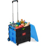 Relaxdays Einkaufstrolley, Klapptrolley mit Rollen & Deckel, Teleskopgriff, bis 35 kg, Faltbarer Trolley, blau/schwarz