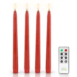 Fanna 4 Rote Led Stabkerzen mit Fernbedienung für Weihnachten Echtwachs-Finish, Flammenlose Spitzkerzen mit Timer für Valentinstag und Hochzeit - H 28 cm