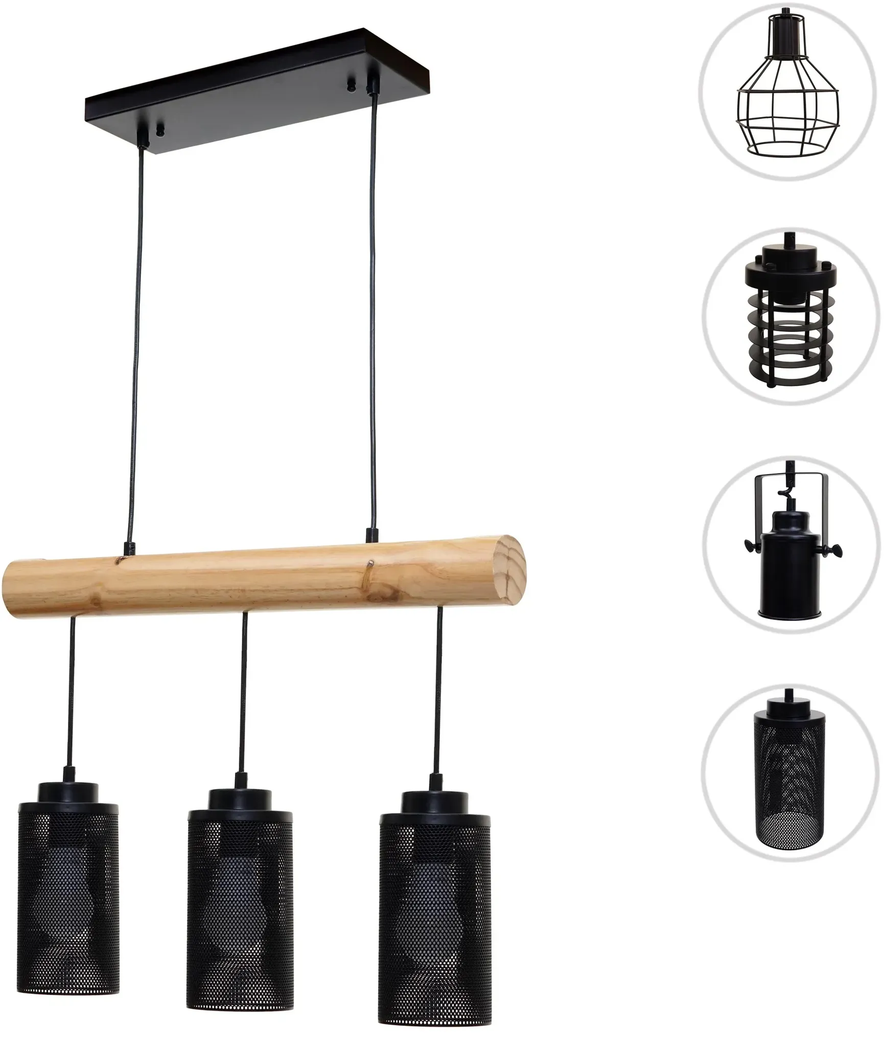 Pendelleuchte HWC-H83, Hängelampe Hängeleuchte, Industrial Vintage Massiv-Holz Metall schwarz ~ 3 Rohrlampenschirme