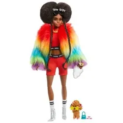 MATTEL GVR04 Barbie Extra Puppe mit Afro und Regenbogen-Jacke, inkl. Haustier