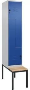 C+P Z-Spind Classic PLUS, Bank, 2 Fächer, 2120x400x815mm, 7035/5010 Verschluss Sicherheits-Drehriegel Sitzbanktyp untergebaut Material Sitzfläche Buche-Hartholz
