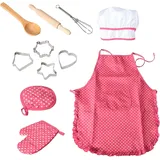 HoobyLane Kinderschürze Koch und Backset, 11 Stück Kinderküche Ankleiden und Backset mit Kochschürze, Kochmütze und Kochzubehör für 3+ Kinder Rollenspiel, Geschenk für Mädchen (Rot)