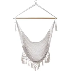 Intirilife Hängesessel Macramee Baumwolle in Beige mit Fransenkante - 90 x 130 cm - Bequeme platzsparende und atmungsaktive Sitzmöglichkeit