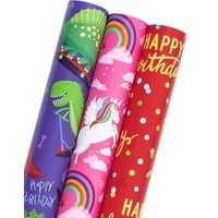 Holijolly Reversible Kinder Geburtstag Wrapping Papier mit Mini Rolle (43 cm x 3 m pro Rolle mit Einhorn/Dinosaurier/Polka Dots