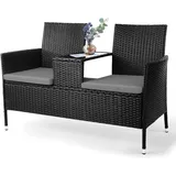 Balkonmöbel set, Polyrattan Gartenbank, 2-Sitzer Gartenmöbel Set mit Tisch + Grau Kissen, Rattan Material Balkonmöbel Wetterfest, Bequem und Atmungsaktiv, Schwarz, Groß Gartenbank(124,5X56X82,5cm)