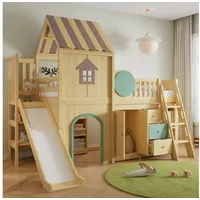 REDOM Hochbett mit 3-stufiger Treppe, integriertem Kleiderschrank,Kinderbett (mit Rutsche im kreativen Hausdesign, 90x200 cm, mit Schubladen und Ablagefächern, Funktionsbett Jugendbett) ohne Matratze