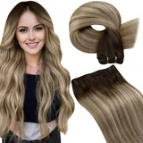 LaaVoo Weft Echthaar Extensions Tressen Balayage Braun Echthaar Extensions zum Einnähen 50cm Tressen Extensions Echthaar Dunklbraun Balayage Hellbraun Hellblond #3/8/24 100g