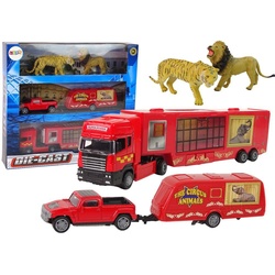 LEAN Toys Spielzeug-Auto Zirkustiere Fahrzeug-Set LKW PKW Auto Tiere Lastwagen Pickup Wohnwagen rot
