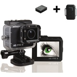 HD PRO 2 Action Cam Komplett-Set inkl.1x Fernbedienung + 1x Zusatzakku (Full HD, 60 fps, 20 Megapixel, 2 Zoll LCD Display, Weitwinkelaufnahmen 175°, HDMI, USB, Wifi + gratis App) schwarz