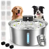AKKEE Trinkbrunnen 3,2 L Katzenbrunnen Edelstahl Wasserspender Für Katze und Hunde, Mit Sensor-Timer Kabellos 6x Filterwatte silberfarben
