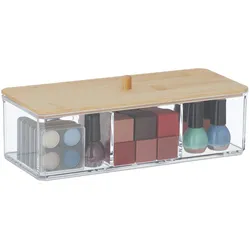 Relaxdays Make Up Organizer mit Bambusdeckel, 3 Fächer, Kunststoff, Aufbewahrung Haargummis, Kosmetik, transparent/natur