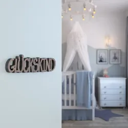 Schriftzug GL√úCKSKIND - Dekoschild - MDF Holz - 17,5x3,5cm - für Kommode, Wand, Tür - naturbraun
