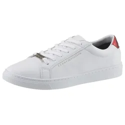 Sneaker TOMMY HILFIGER "ESSENTIAL SNEAKER", Damen, Gr. 36, weiß, Leder, sportlich, Schuhe, Tommy Hilfiger Schriftzug außen, Freizeitschuh, Halbschuh, Schnürschuh