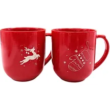 Dekohelden24 Jumbo Becherset, Große Kaffeebecher, XXL - Glühweinbecher Hirsch & Winterhandschuh aus Porzellan in rot und weiß im 2er Set, Größe: L/B/H ca. 15 x 11 x 12 cm, Fassungsvermögen 820ml.