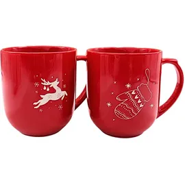 Dekohelden24 Jumbo Becherset, Große Kaffeebecher, XXL - Glühweinbecher Hirsch & Winterhandschuh aus Porzellan in rot und weiß im 2er Set, Größe: L/B/H ca. 15 x 11 x 12 cm, Fassungsvermögen 820ml.