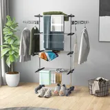 Zusammenklappbarer Wäscheständer Aus Edelstahl Und Kunststoff, Platzsparender, Vertikaler, Ausziehbarer Wäscheturm Mit 6 Rollen, Haken Und 4 Verstellbaren Ablagen Für Den Innenbereich, 142 X 55 X 172