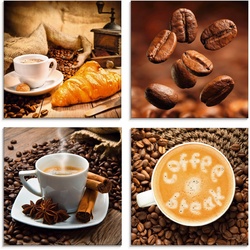 Artland Glasbild Kaffeetasse Croissant Kaffeebohnen, Getränke (4 St), in verschiedenen Größen braun 20 cm x 20 cm