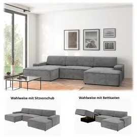 TRENDMANUFAKTUR Wohnlandschaft TRENDMANUFAKTUR "Graz, wahlweise mit Sitzvorschub und Bettkasten, U-Form, Breite 329 cm", blau (betongrau), B:329cm H:73cm T:162cm, 92% Polyester, 8% Polyamid, Sofas, Wohnlandschaft, in Cord-, haustierfreundlichem LEO Struktur- oder