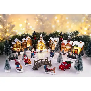 Infactory 25-teiliges Deko-Weihnachtsdorf mit 6 LEDs, Batteriebetrieb