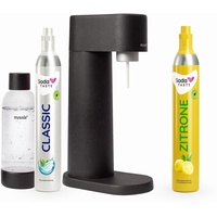 Sparpaket: Mysoda Woody - Wassersprudler aus erneuerbarem Holzkomposit mit 1L BPA-freier Plastikflasche, CO2-Zylinder Classic + CO2-Zylinder Zitrone (Schwarz)