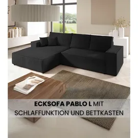 bromarkt Ecksofa PABLO Schlaffunktion Bettkasten L-Form 294x185x85cm Schwarz Links - Schwarz