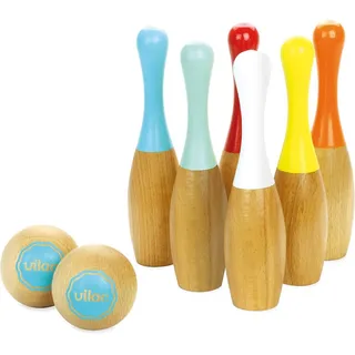 Vilac - 6 Bowlingkegel – zweifarbig – Outdoor-Spiel – Geschicklichkeitsspiel und Präzisionsspiel aus Holz – Gesellschaftsspiel – 2 Kugeln – Aufbewahrungstasche aus Baumwolle