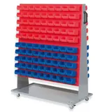 Proregal ProfiDrop Systemwagen auf Rollen mit Roten Systemplatten und 180 x Rote und Blaue Sichtlagerbox 1,0 HxBxT 130 x 100 x 50 cm