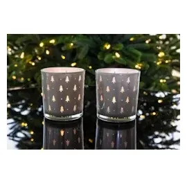 Edzard 2er-Set Teelichtglas Tani (Höhe 8 cm, ø 7 cm) Motiv Tannen, außen grau, Tannen-Motiv