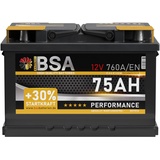 BSA Autobatterie 75Ah 12V 760A/EN +30% Startleistung Starterbatterie Batterie ersetzt 74Ah 70Ah 72Ah 77Ah, für PKW