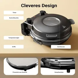 Wiltec Pizzamaker mit Keramiksteinplatte Ø32cm und Sichtfenster, zwei Heizelemente max. 400°C, mit Timer