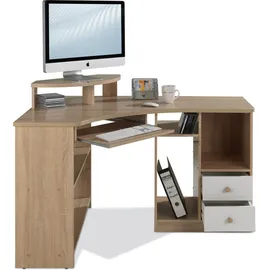 Bega Consult Eckschreibtisch mit Tastaturauszug & Aufsatz in Eiche Sonoma Optik, Weiß - Kompakter Bürotisch Computertisch mit Ablagefächern - 135 x 94 x 95 cm (B/H/T)