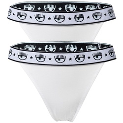 CHIARA FERRAGNI Damen String 2er Pack - Tanga, Cotton Stretch, Logobund, uni Weiß L
