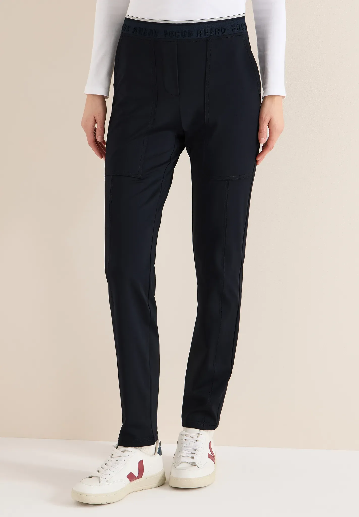 Jogger Pants CECIL, Damen, Gr. XL, Länge 28, universal blau, Stoff, 82% Polyester, 18% Elasthan, unifarben, comfort fit knöchelfrei, Hosen, mit Elastikbund