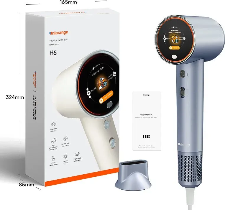 Uniorange H6 Plasma Highspeed-Haartrockner (Sternensilber), HD-LCD-Bildschirm, 5 intelligente Modi, 1600W Leistung und 1 Milliarden Plasma-Ionen, 110.000 U/min Highspeed-Motor, trocknet 5-mal schneller