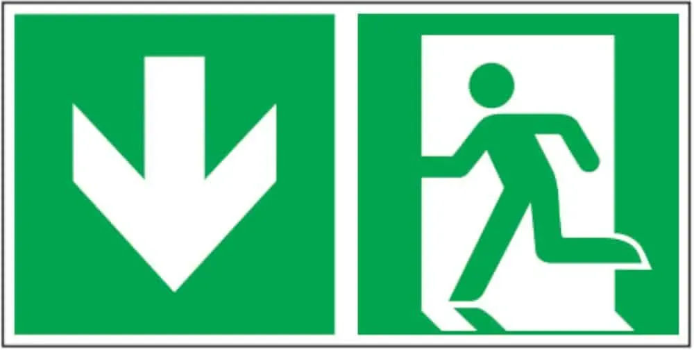 Rettungswegschild mit Pfeil unten