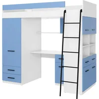 FurnitureByJDM Hochbett mit Schreibtisch, Schubladen, Kleiderschrank und Bücherregal - Level R - (Weiß/Himmelblau)