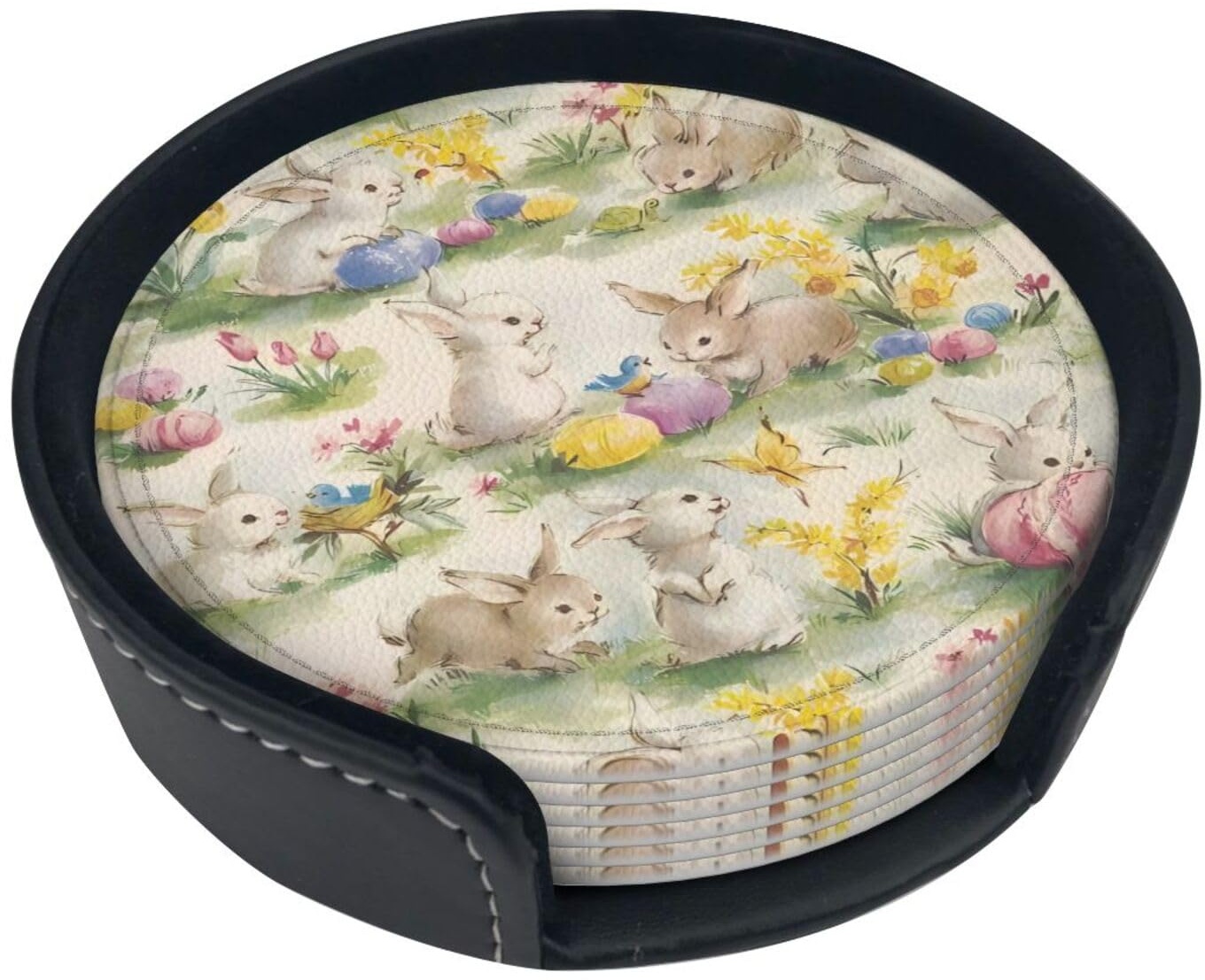 Vintage Flower Rabbit Bunny Easter Absorbent Coasters for Drinks with Holder, Leather Coasters Set of 6, Round Coasters for Coffee Table Desktop Home Decor