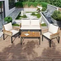 Oxtao Gartenmöbel Sitzgruppe Set aus Rattan für Garten für 4 Personen, Outdoor Gartenmöbel-Set Essgruppe Lounge Sofa mit Tisch & Stühle, Balkon Möbel mit Sessel & Couchtisch, Gartenlounge (Beige)