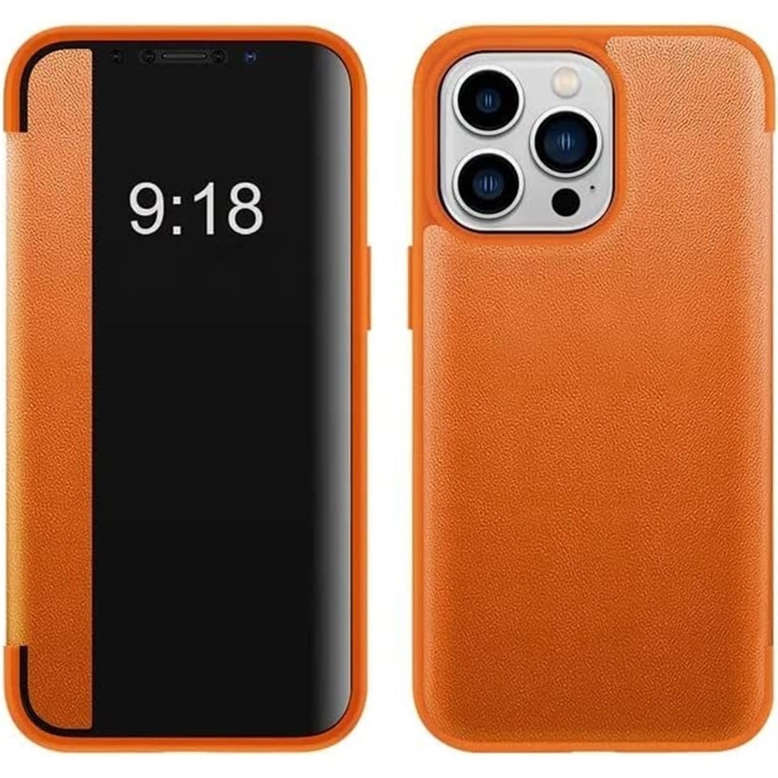 QUDOOS Business Series View Window Flip Folio Leather Case Cover, 2023 New Leather Smart Clear Case, Multifunktions-Ständerabdeckung for iPhone 14/13/12/11 Series (Color : Orange, Size : 13)