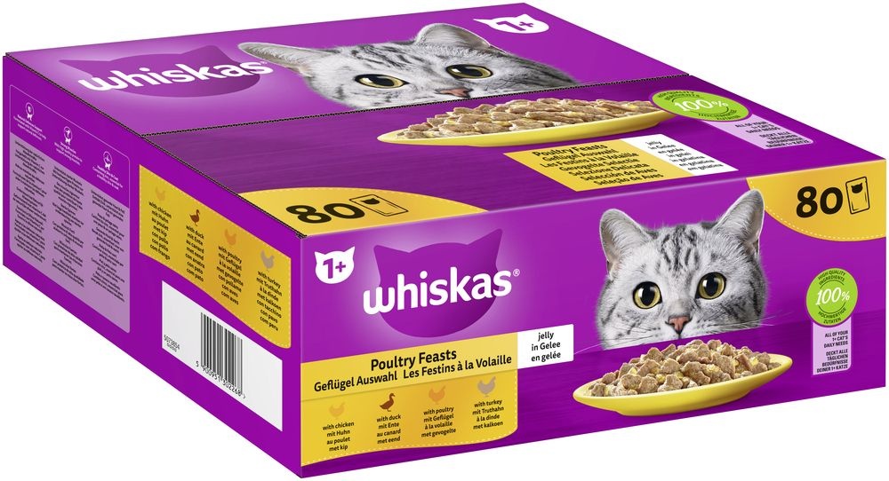 WHISKAS Portionsbeutel Multipack 1+ Geflügel Auswahl in Gelee 80 x 85g