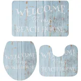 3-teiliges Badezimmerteppich-Set, Badematte „Welcome to My Beach House, rustikale blaue Holzmaserung, weicher, rutschfester Badteppich, Konturmatte und Deckelbezug für Badewanne, Dusche und Badezim