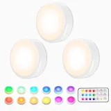 HELPLEX Unterbauleuchten, 3 RGBW Kabellose Schrankbeleuchtung 16 Farben LED Nachtlicht mit Fernbedienung Timing-Funktion, Batteriebetriebene Schrankleuchten Beleuchtung Dimmbar Treppenlicht, Weiß