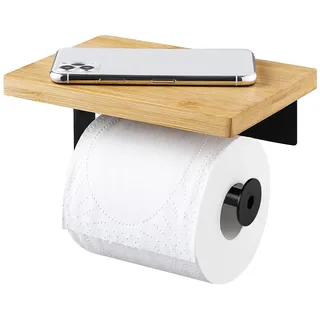 Toilettenpapierhalter ohne Bohren mit Ablage,Schwarz Klopapierhalterung,Klopapierhalter mit Holzplatte,Wandmontage Klorollenhalter,Rollenhalter Selbstklebend,Wc Papier Halterung für Küche Badzimmer