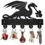 MAYJOYDIY Holz Drachen Schlüsselhalter Für Die Wand 30x20cm Drache Feuer Spuckend Schlüsselbrett Zur Wandmontage 5 Metallhaken Wandkunst Schwarzer Schlüsselaufhänger Für Eingangsbereich Geschenk