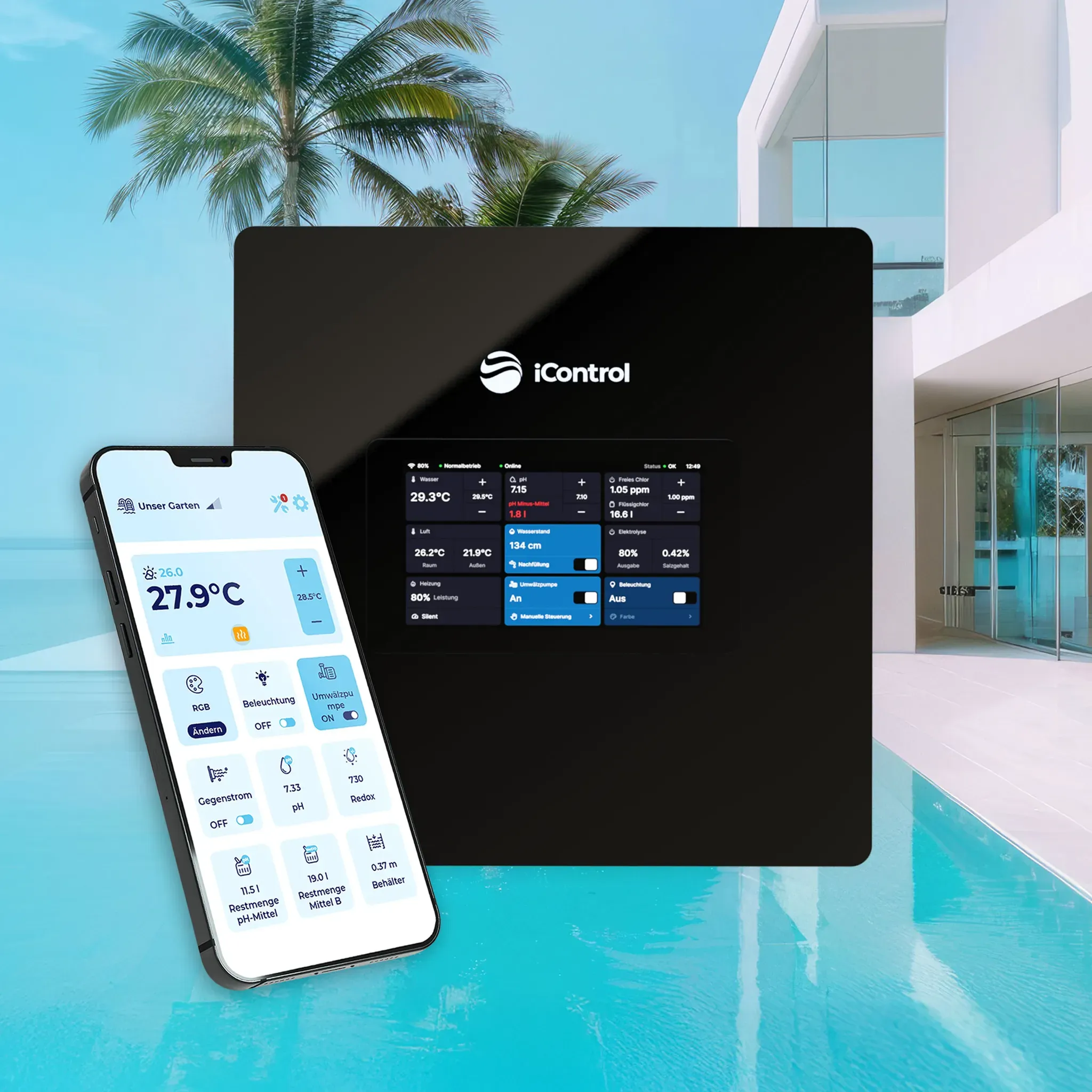 Intelligente App Poolsteuerung iControl mit Touchdisplay, Zeitschaltuhr & optionaler Pooldesinfektion