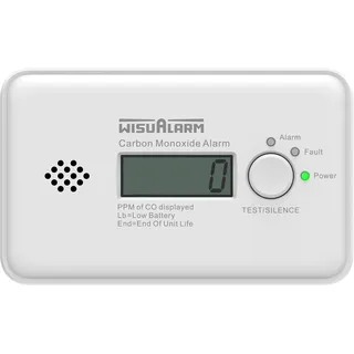 wisualarm Kohlenmonoxid Melder, CO Melder, 10 Jahre Batterie kohlenmonoxid messgerät, CO Warner mit LCD Display und Test/Silence Taste, TÜV Zertifiziert nach EN 50291
