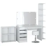 Vicco Schminktisch Sherry Weiß 5 Teile, mit Aufbewahrungsregal Standregal Spiegel, Hocker, LED
