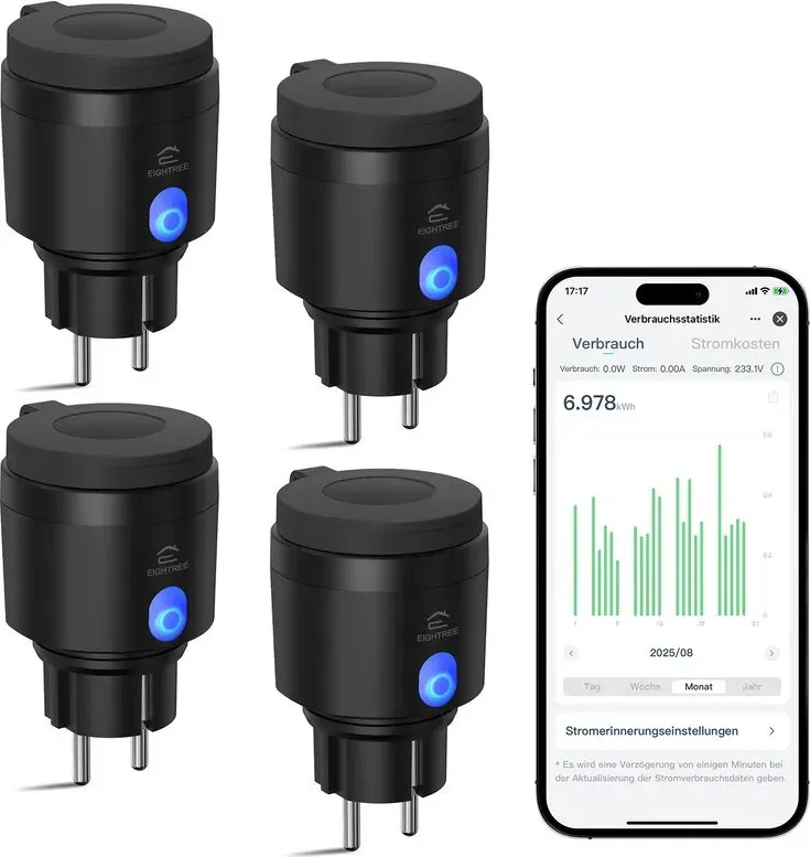 EIGHTREE WLAN Steckdose Outdoor mit Strommessung, IP44 Wasserdicht, Smarte Zeitschaltuhr Außenbereich, App & Fernsteuerung, Sprachsteuerung mit Alexa & Google Home, 2,4 GHz, 4er Packs