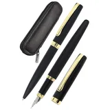 ONLINE USV-Systeme ONLINE Schreib-Set Schwarz & Gold enthält Kugelschreiber, Füllhalter, Echt-Lederetui, 3-teilig, in hochwertiger Geschenkbox, Füller für Standardpatronen, Kulli mit Großraummine G2